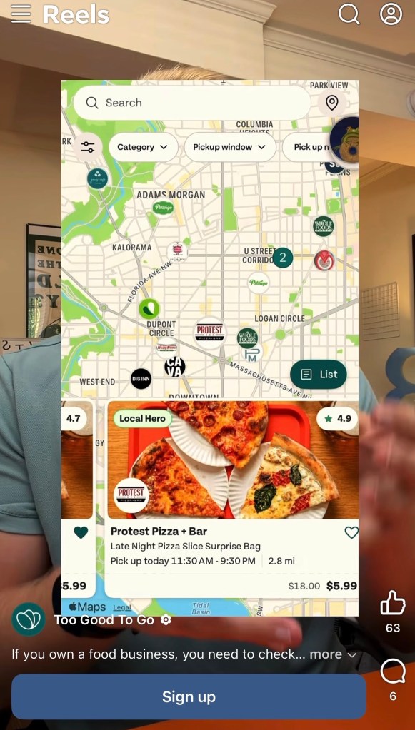 A mobile screen displaying a map with various locations and a food order summary for 'Protest Pizza + Bar', highlighting a late night pizza slice surprise bag with pickup details.